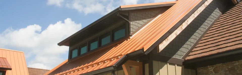 A house in Winnipeg with a modern design, featuring a metal roof with orange and brown sections. The roof includes a windowed dormer and contrasts with textured stone and metal siding.
